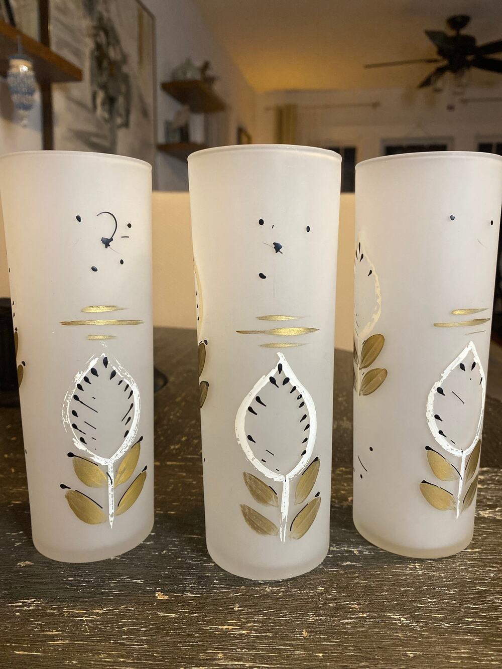 Mid century frosted highball glasses hand painted Gold leaf.